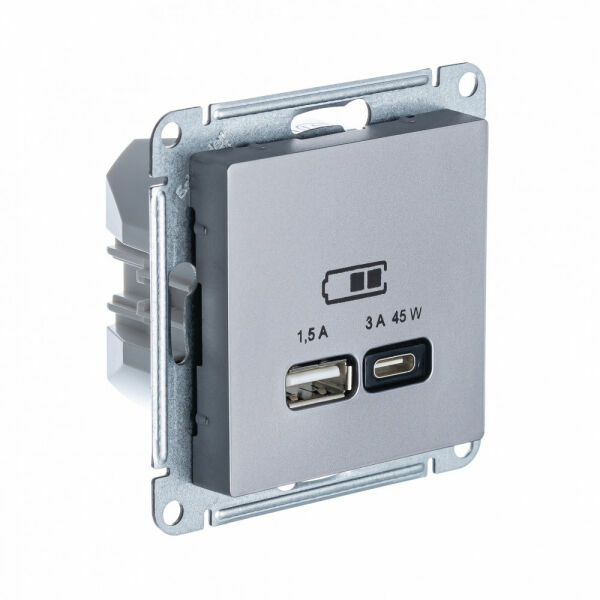 Изображение товара Розетка USB A + тип-C 45W высокоскор.заряд. QC, PD, мех., Сталь, ATN000929 Atlas Design Schneider electric