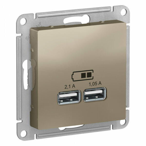 Изображение товара Розетка USB, 5В, 1 порт x 2,1 А, 2 порта х 1,05 А, механизм, Шампань, ATN000533 Atlas Design Schneider electric