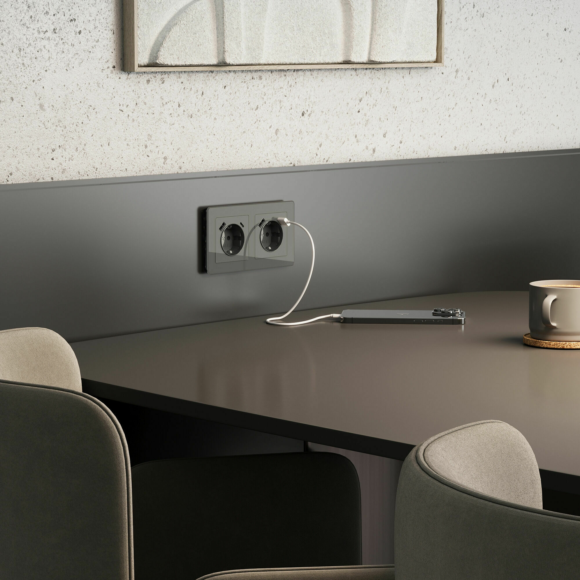 Изображение товара Розетка с заземлением, шторками и USB тип A+C (графит акрил) W1171744 Werkel