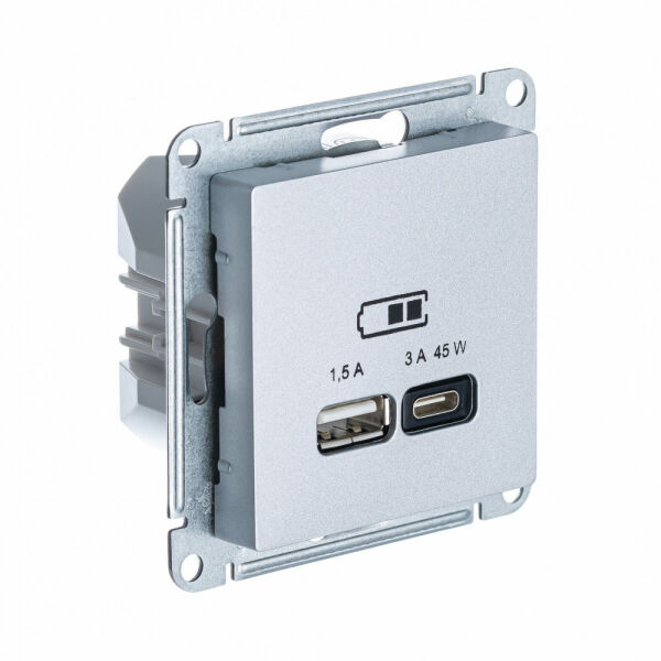 Изображение товара Розетка USB A + тип-C 45W высокоскор.заряд. QC,PD, мех.,  Алюминий, ATN000329 Atlas Design Schneider electric