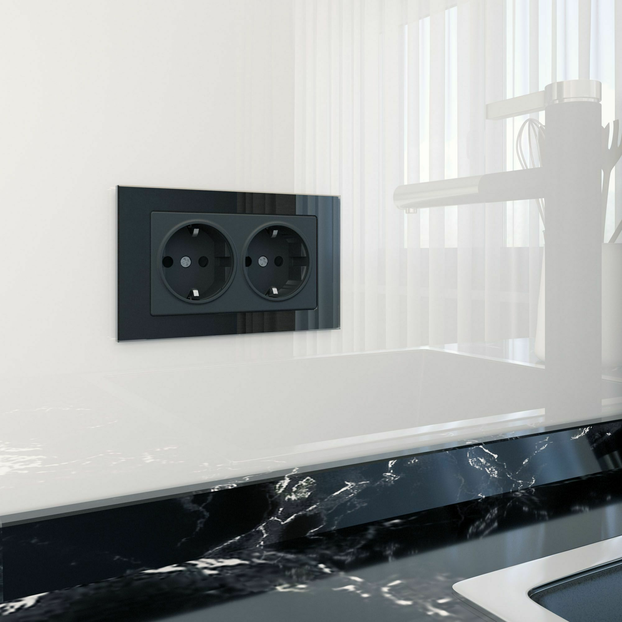 Изображение товара Розетка двойная, с заземлением, без шторок, винтовой зажим, 16А, (чёрный матовый) W1172008 Werkel