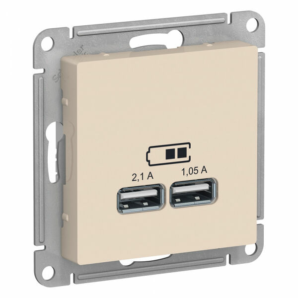 Изображение товара Розетка USB, 5В, 1 порт x 2,1 А, 2 порта х 1,05 А, механизм, Бежевый, ATN000233 Atlas Design Schneider electric