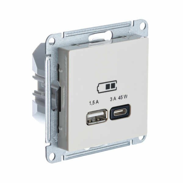 Изображение товара Розетка USB A + тип-C 45W высокоскор.заряд. QC,PD, мех., Бежевый, ATN000229 Atlas Design Schneider electric