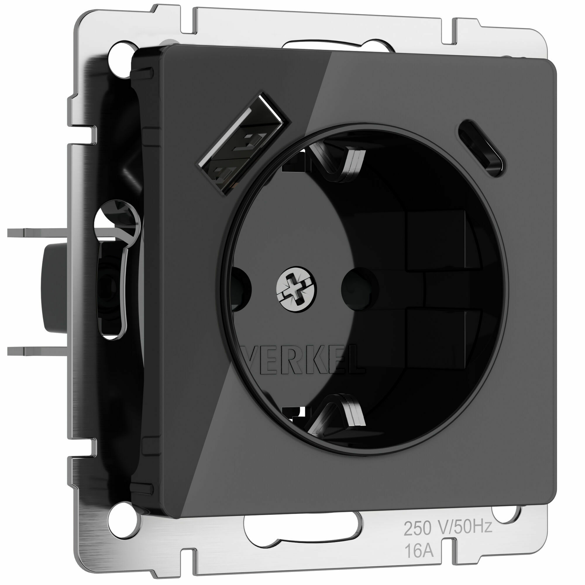 Изображение товара Розетка с заземлением, шторками и USB тип A+C (чёрный акрил) W1171748 Werkel