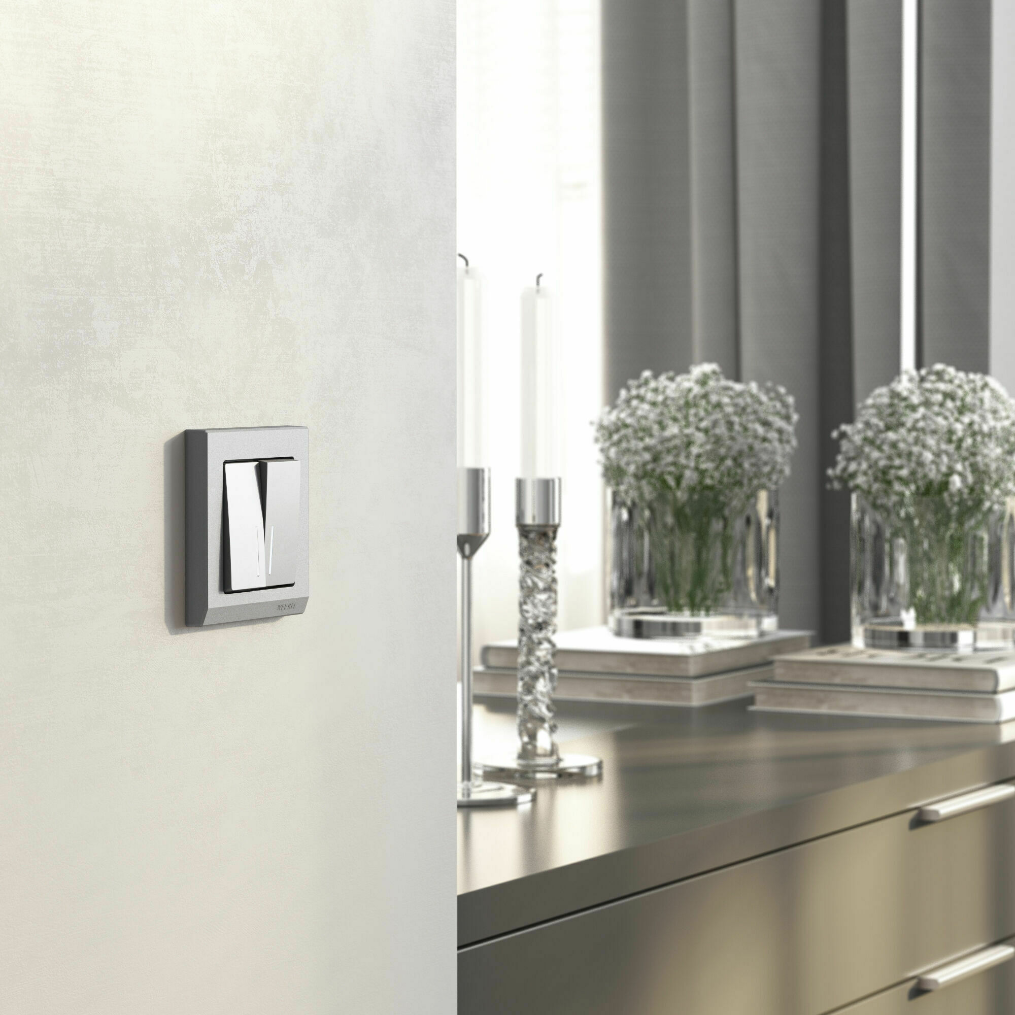 Изображение товара Выключатель двухклавишный проходной с подсветкой (серебряный матовый) W1122165 Werkel