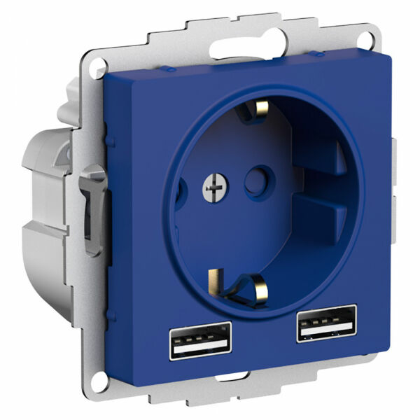 Изображение товара Розетка 16А c 2 USB A+A, 5В/2,4А, 2х5В/1,2А, механизм, Аквамарин, ATN001130 Atlas Design Schneider electric
