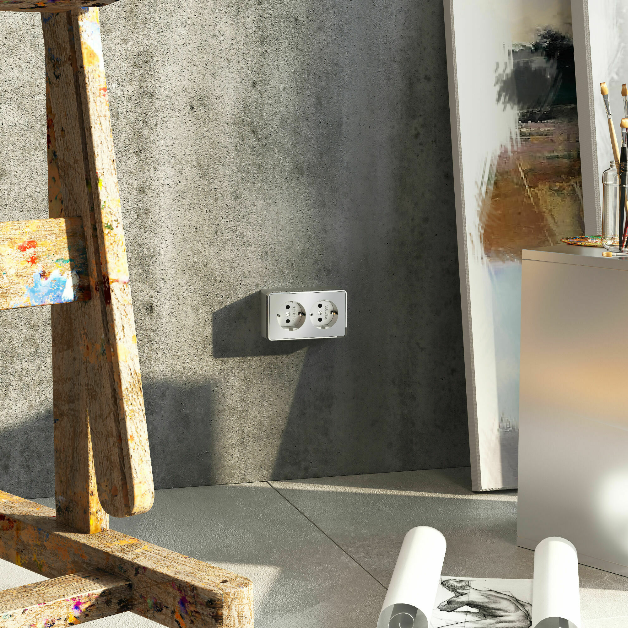 Изображение товара Накладная розетка двойная, с заземлением, со шторками, винтовой зажим, 16А, (серебряный) W5072106 Gallant Werkel