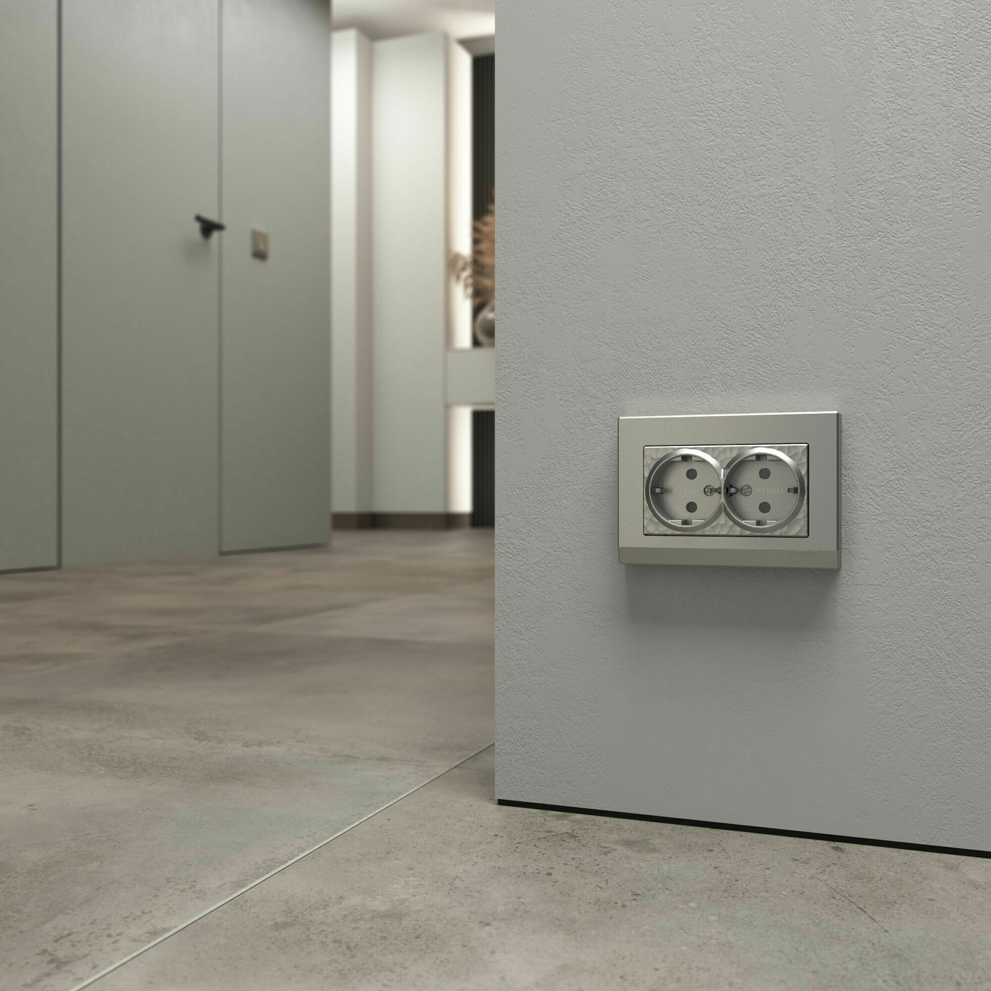 Изображение товара Розетка двойная, с заземлением, без шторок, винтовой зажим, 16А, (hammer серебряный) W1272006 Werkel