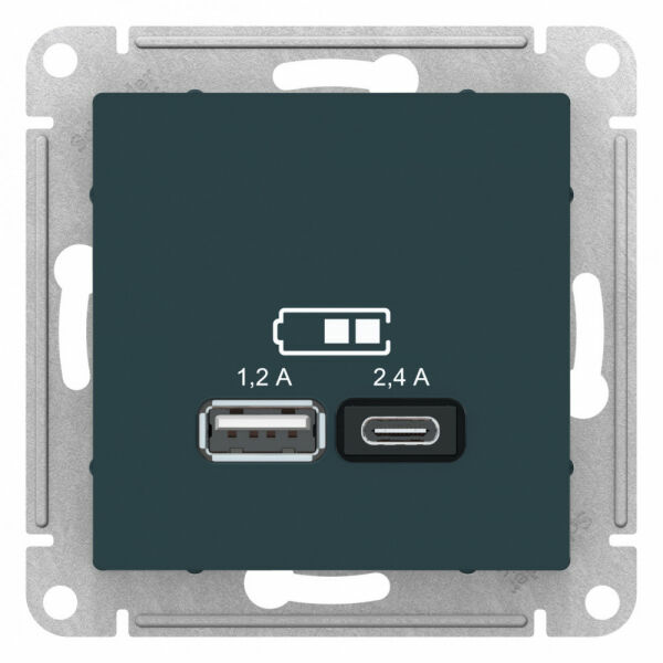 Изображение товара Розетка USB A+С, 5В/2,4 А, 2х5В/1,2 А, механизм, Изумруд, ATN000839 Atlas Design Schneider electric