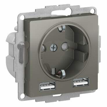 Изображение товара Розетка с USB A+A, 5В/2,4 А, 2х5В/1,2 А, механизм, Сталь, ATN000930 Atlas Design Schneider electric