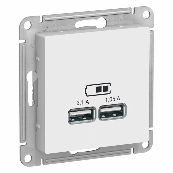 Изображение товара Розетка USB, 5В, 1 порт x 2,1 А, 2 порта х 1,05 А, механизм, Белый, ATN000133 Atlas Design Schneider electric