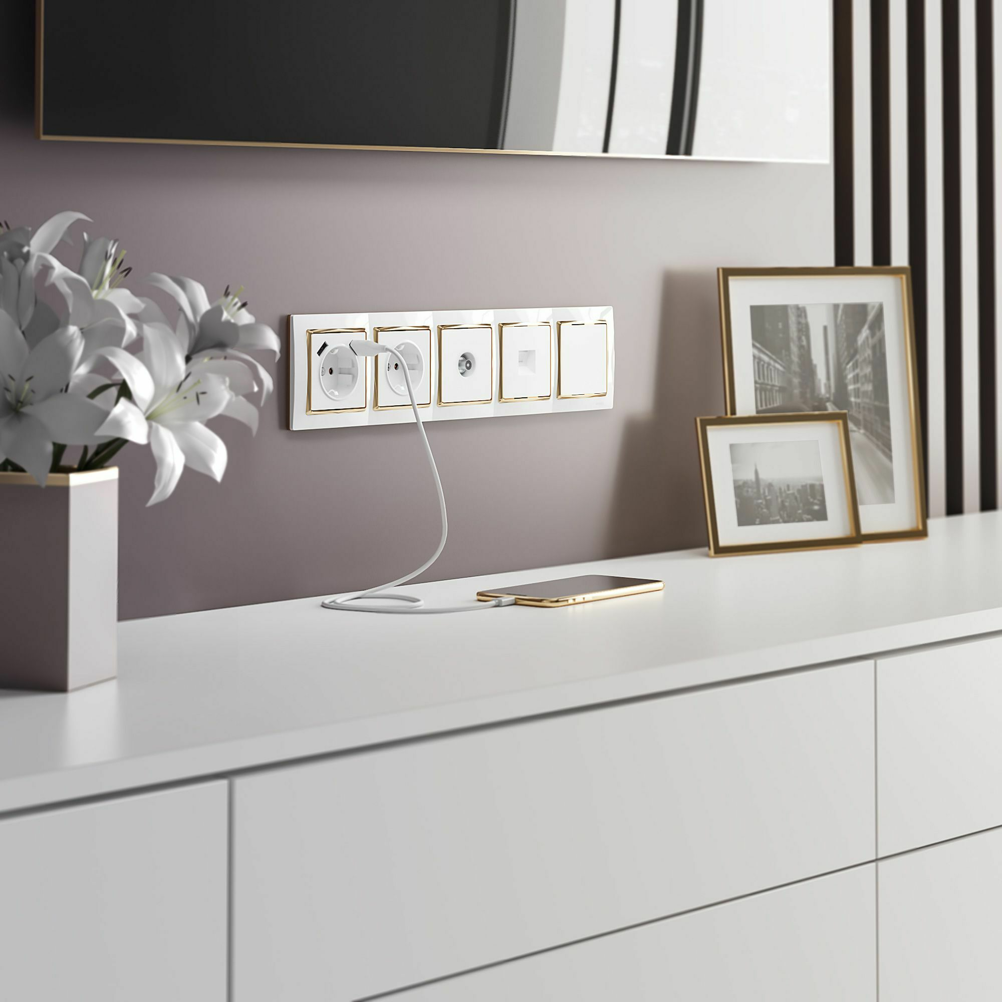 Изображение товара W0051933/ Рамка на 5 постов Snabb (белый/золото) Werkel