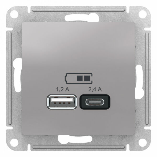Изображение товара Розетка USB A+С, 5В/2,4А, 2х5В/1,2А, механизм, Алюминий, ATN000339 Atlas Design Schneider electric