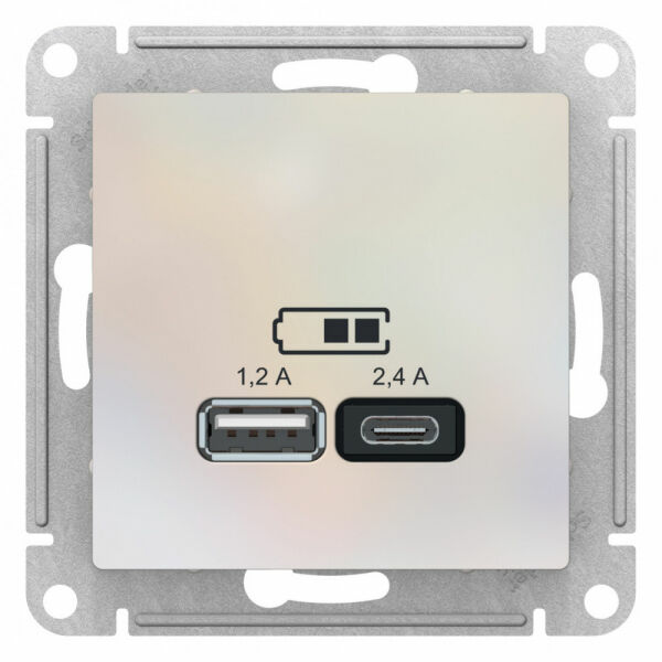 Изображение товара Розетка USB A+С, 5В/2,4А, 2х5В/1,2А, механизм, Жемчуг, ATN000439 Atlas Design Schneider electric
