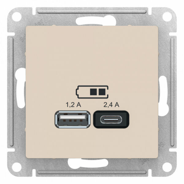 Изображение товара Розетка USB A+С, 5В/2,4А, 2х5В/1,2А, механизм, Бежевый, ATN000239 Atlas Design Schneider electric