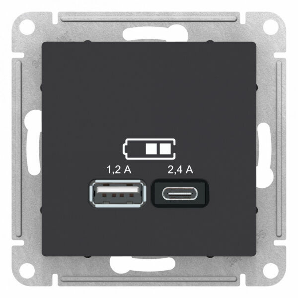 Изображение товара Розетка USB A+С, 5В/2,4А, 2х5В/1,2 А, механизм, Карбон, ATN001039 Atlas Design Schneider electric