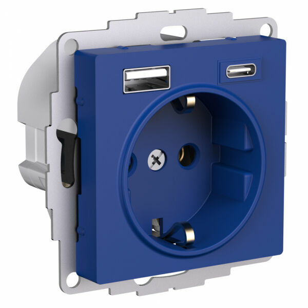 Изображение товара Розетка 16А c 2 USB A+C, 5В/2,4А/3,0А, 2х5В/1,5А, механизм, Аквамарин, ATN001132 Atlas Design Schneider electric