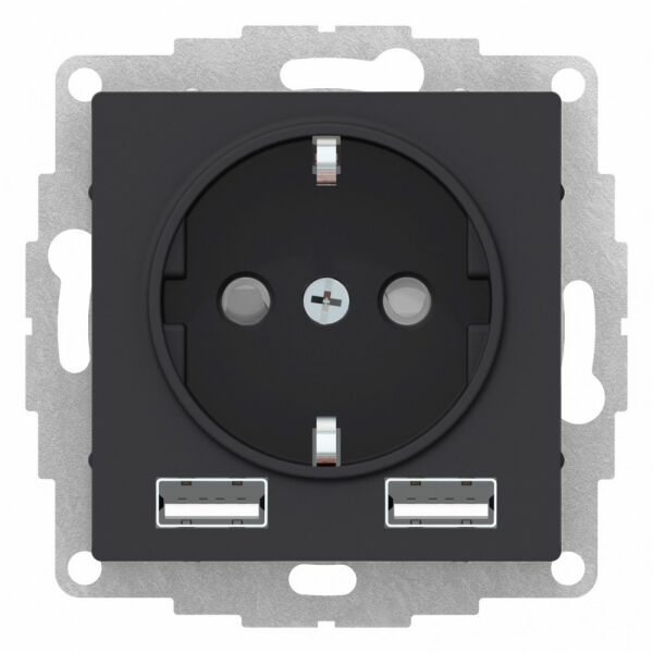 Изображение товара Розетка с USB A+A, 5В/2,4А, 2х5В/1,2 А, механизм, Карбон, ATN001030 Atlas Design Schneider electric