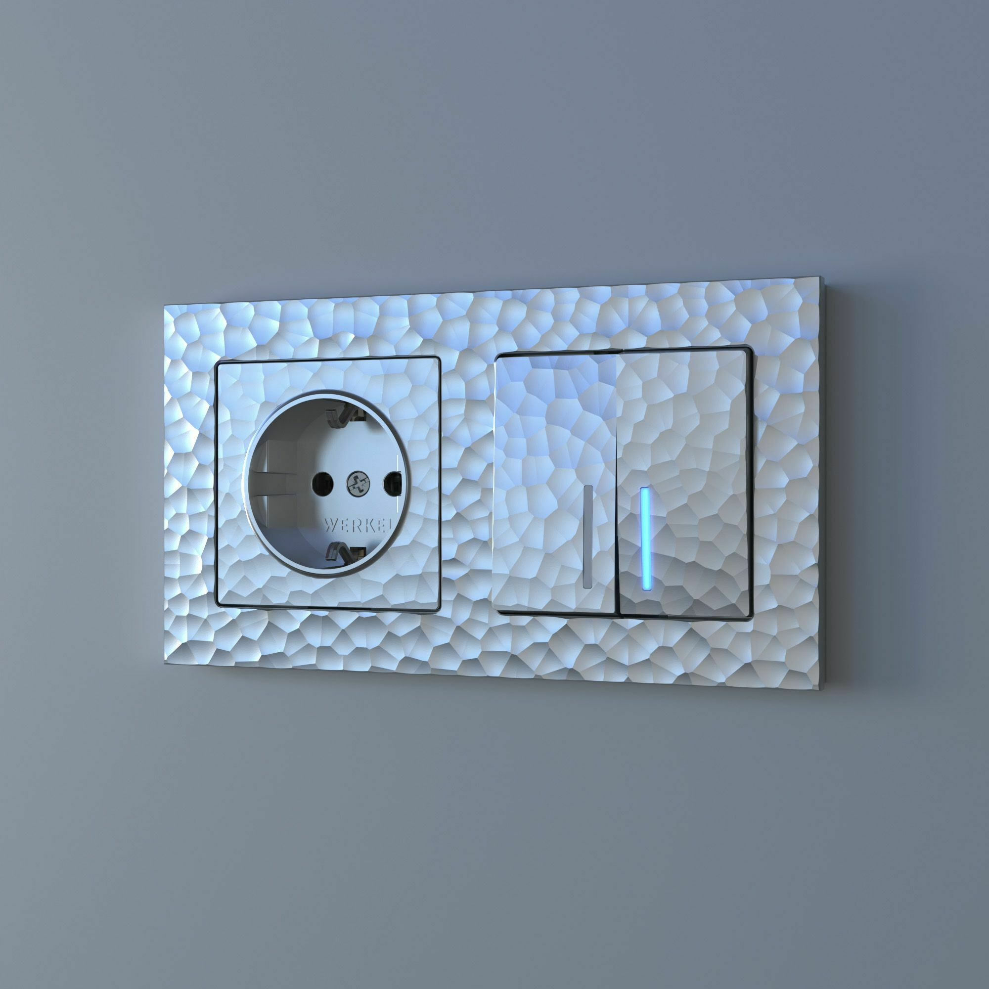 Изображение товара W1222106/ Выключатель двухклавишный проходной с подсветкой (hammer серебряный) Werkel