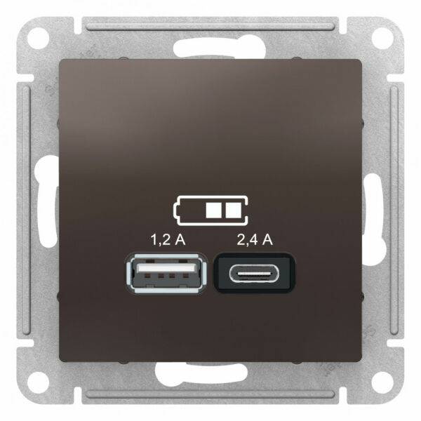 Изображение товара Розетка USB A+С, 5В/2,4А, 2х5В/1,2А, механизм,  Мокко, ATN000639 Atlas Design Schneider electric
