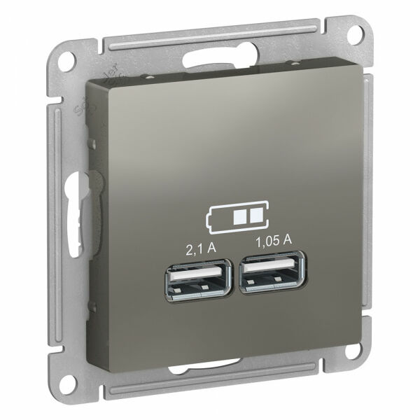 Изображение товара Розетка USB, 5В, 1 порт x 2,1 А, 2 порта х 1,05 А, механизм, Сталь, ATN000933 Atlas Design Schneider electric