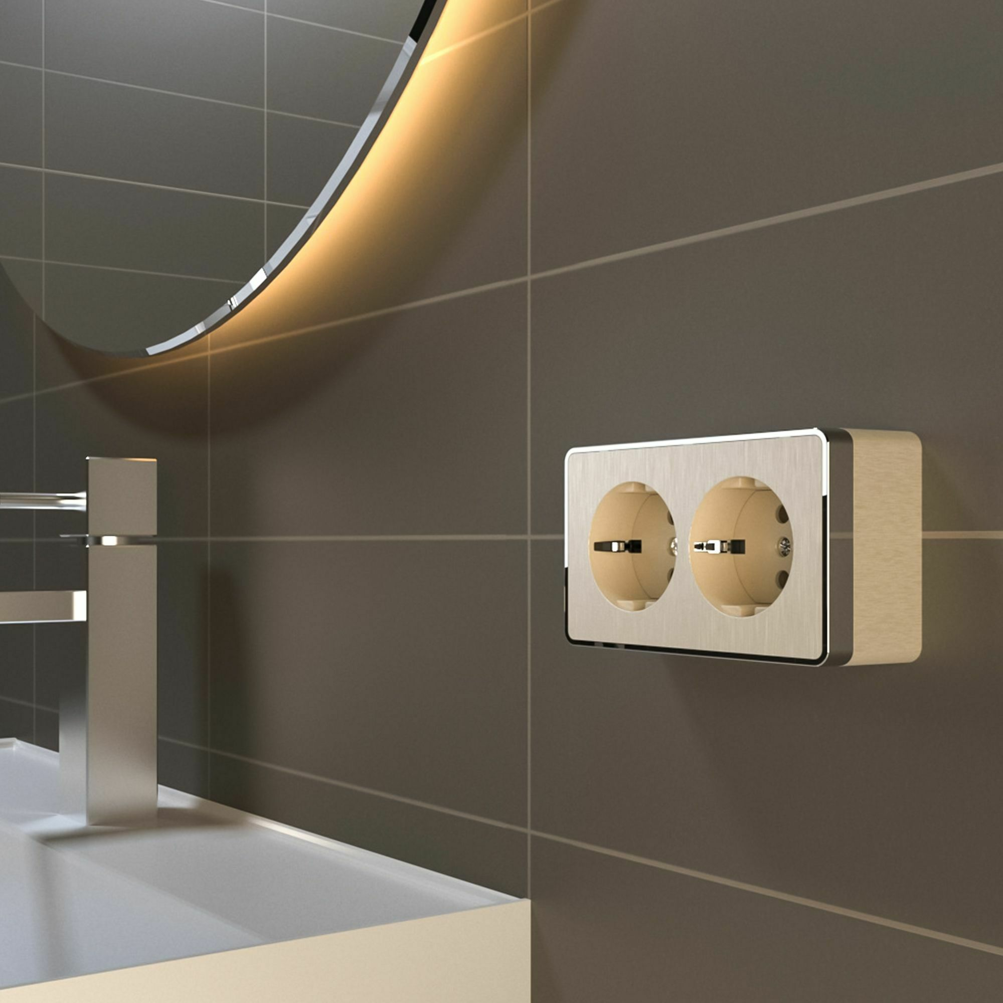 Изображение товара Накладная розетка двойная, с заземлением, со шторками, винтовой зажим, 16А, (шампань рифленый) W5072110 Gallant Werkel