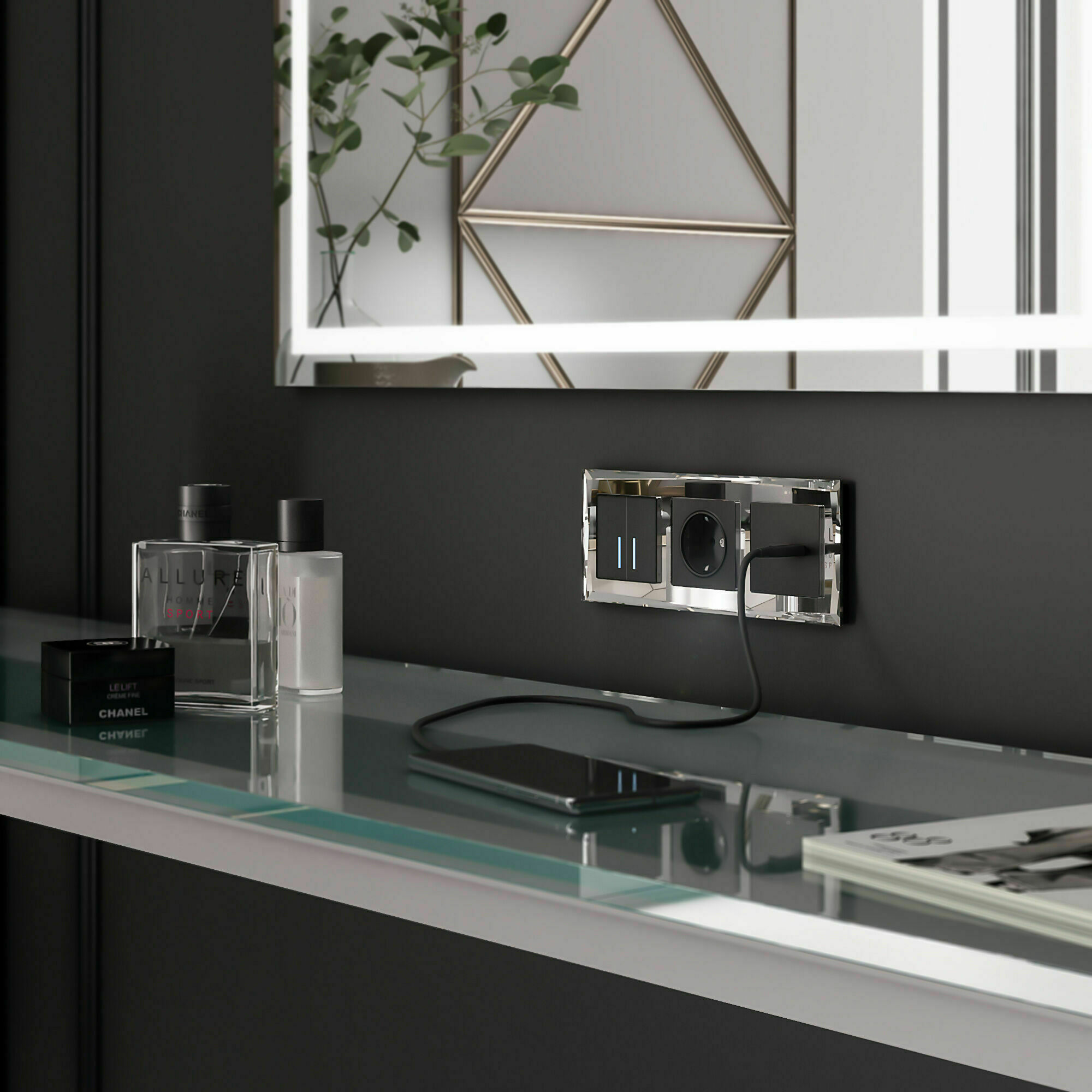 Изображение товара Сенсорный выключатель двухклавишный с подсветкой 1000 Вт (чёрный матовый) W4520008 Werkel