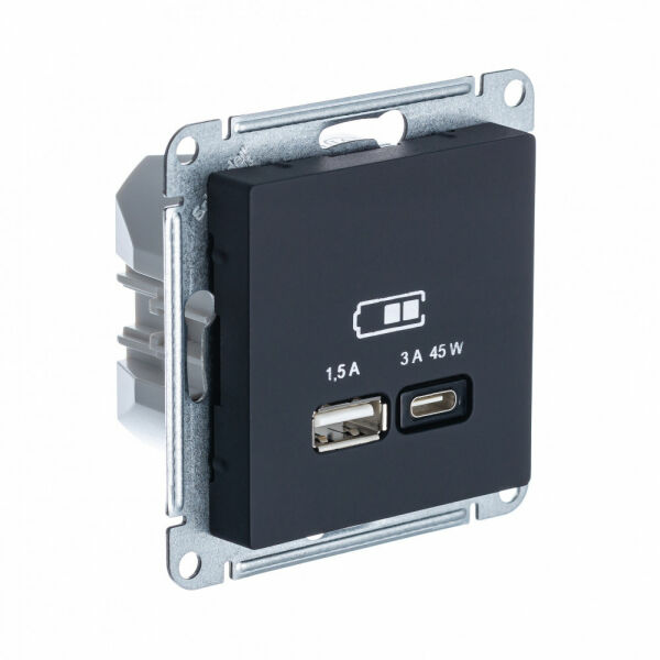 Изображение товара Розетка USB A + тип-C 45W высокоскор.заряд. QC, PD, мех., Карбон, ATN001029 Atlas Design Schneider electric
