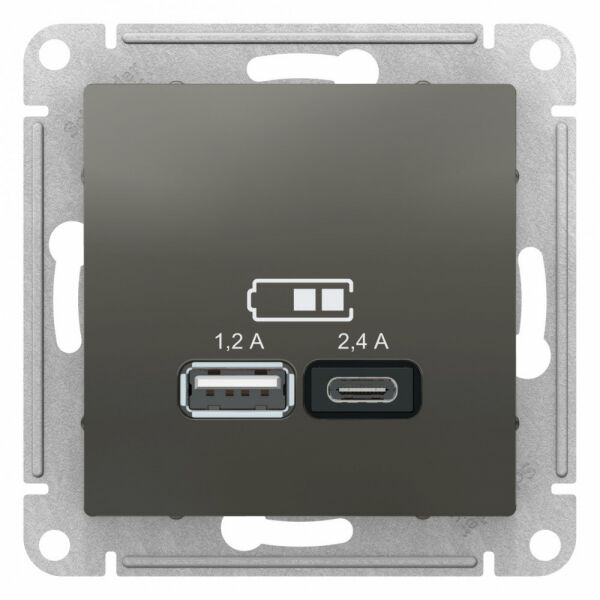 Изображение товара Розетка USB A+С, 5В/2,4 А, 2х5В/1,2 А, механизм, Сталь, ATN000939 Atlas Design Schneider electric