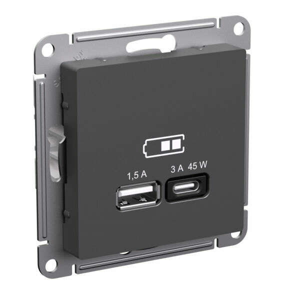 Изображение товара Розетка USB A + тип-C 45Вт высокоскор.заряд. QC, PD, механизм, Базальт, ATN001429 Atlas Design Nature Schneider electric