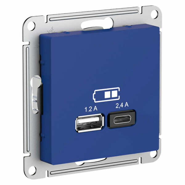 Изображение товара Розетка USB A+С, 5В/2,4А, 2х5В/1,2А, механизм, Аквамарин, ATN001139 Atlas Design Schneider electric