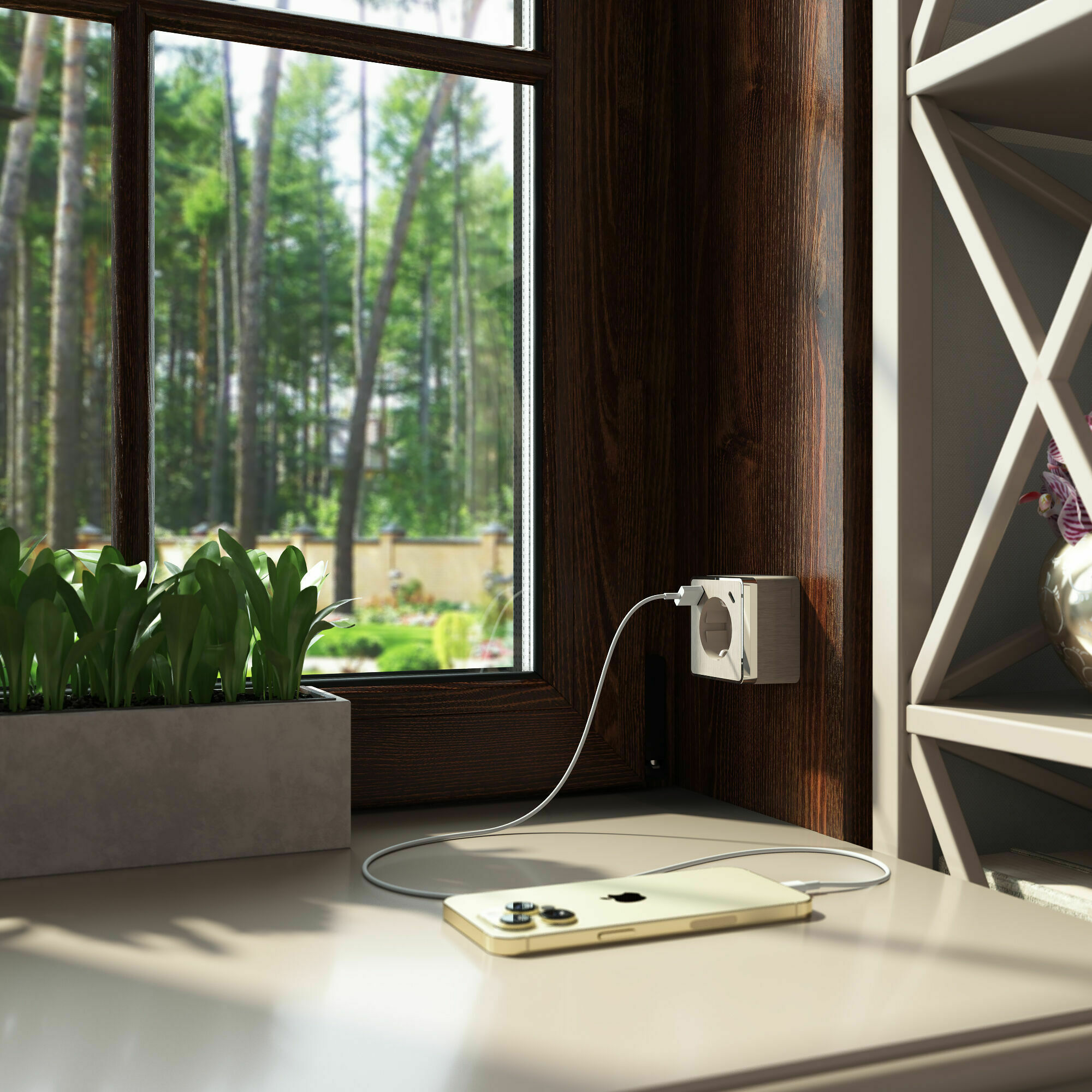 Изображение товара Розетка с заземлением, шторками и USB тип A+C (шампань рифленый) W5071710 Gallant Werkel