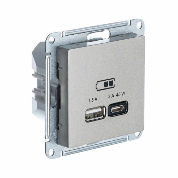 Изображение товара Розетка USB A + тип-C 45W высокоскор.заряд. QC,PD, мех., Шампань, ATN000529 Atlas Design Schneider electric