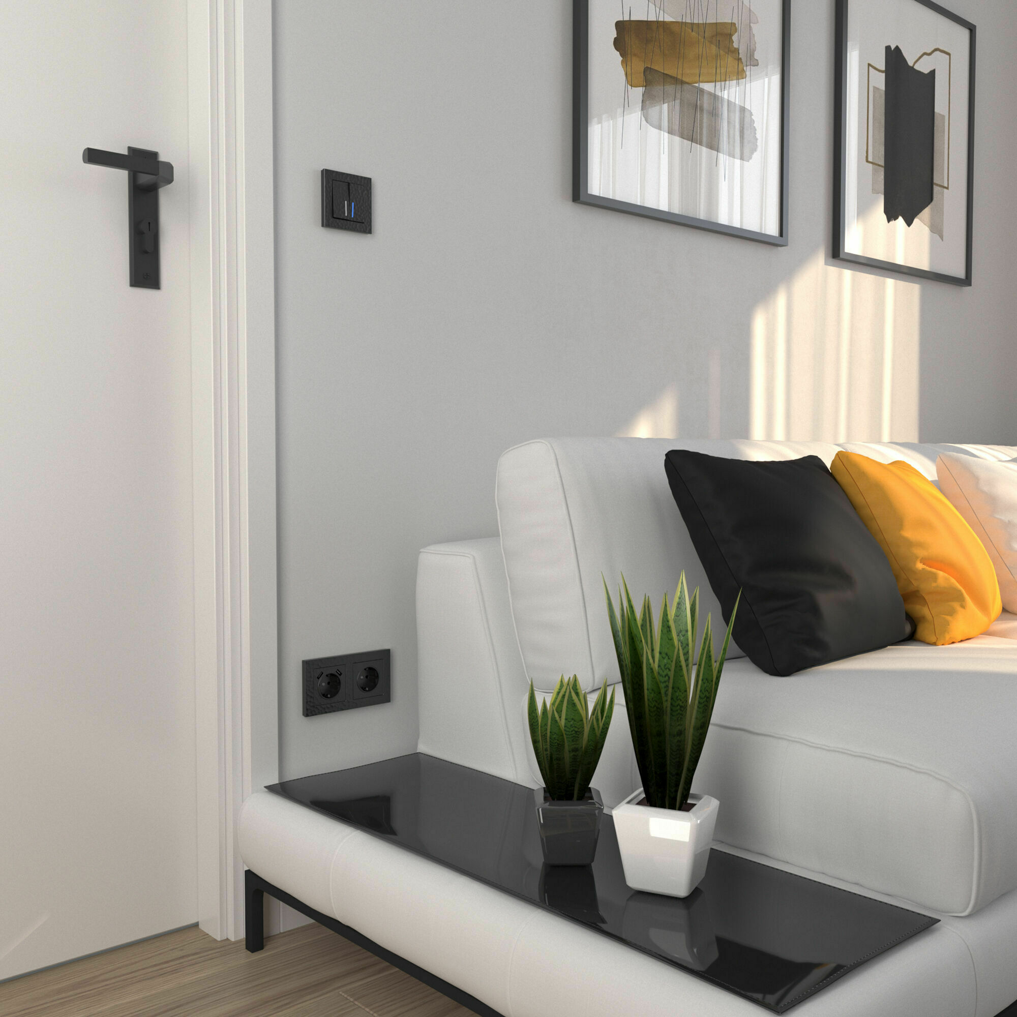 Изображение товара W1222108/ Выключатель двухклавишный проходной с подсветкой (hammer чёрный) Werkel