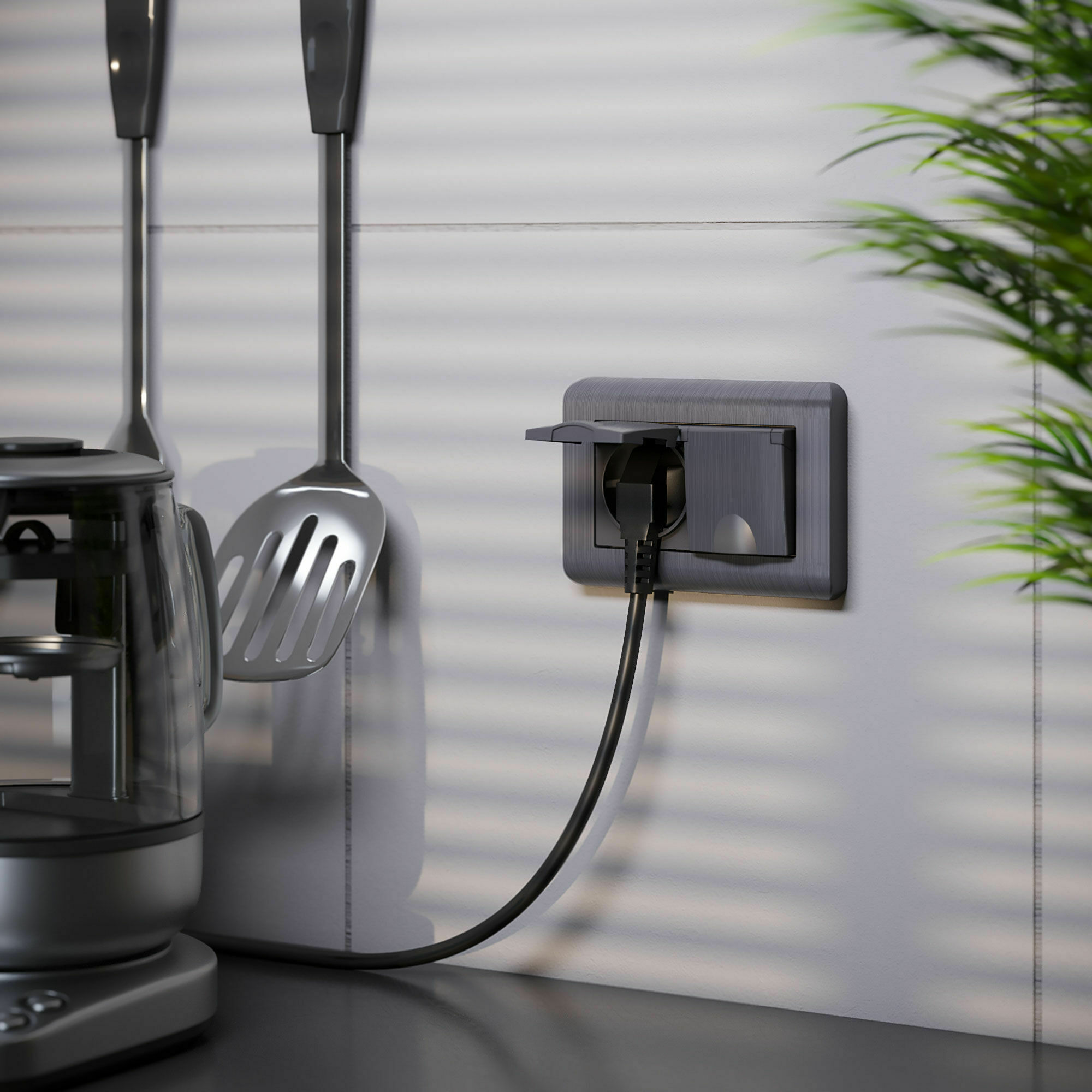 Изображение товара Розетка двойная, с заземлением, со шторками и крышками, влагозащищенная, (графит рифленый) W1172204 Werkel