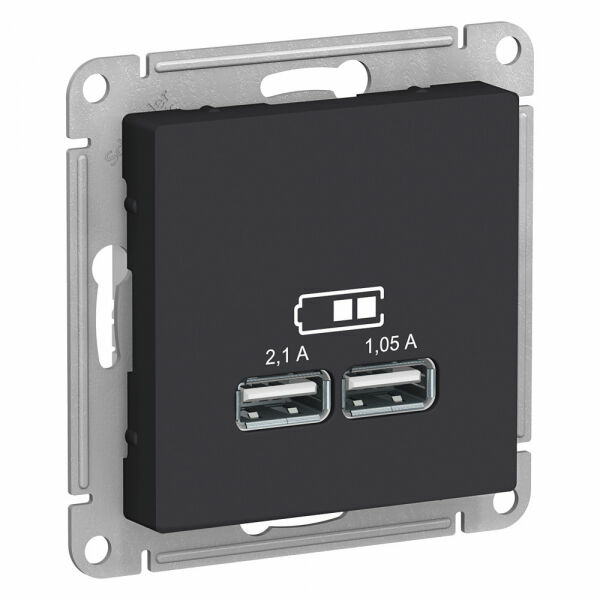 Изображение товара Розетка USB, 5В, 1 порт x 2,1 А, 2 порта х 1,05 А, механизм, Карбон, ATN001033 Atlas Design Schneider electric