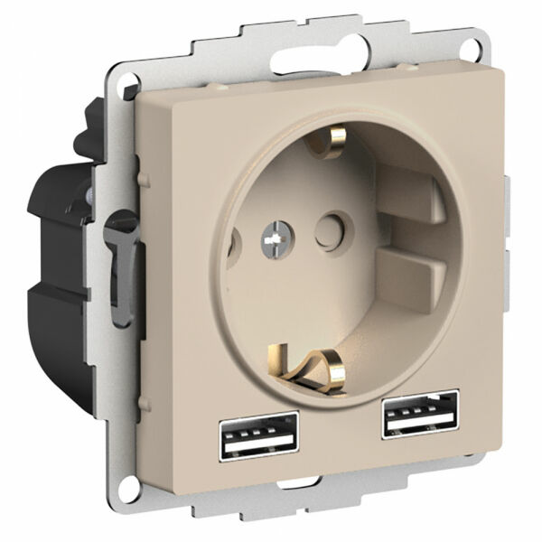 Изображение товара Розетка 16А c 2 USB A+A, 5В/2,4А, 2х5В/1,2А, механизм, Песочный, ATN001230 Atlas Design Nature Schneider electric