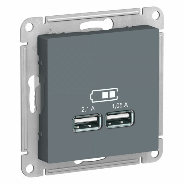 Изображение товара Розетка USB, 5В, 1 порт x 2,1 А, 2 порта х 1,05 А, механизм, Грифель, ATN000733 Atlas Design Schneider electric