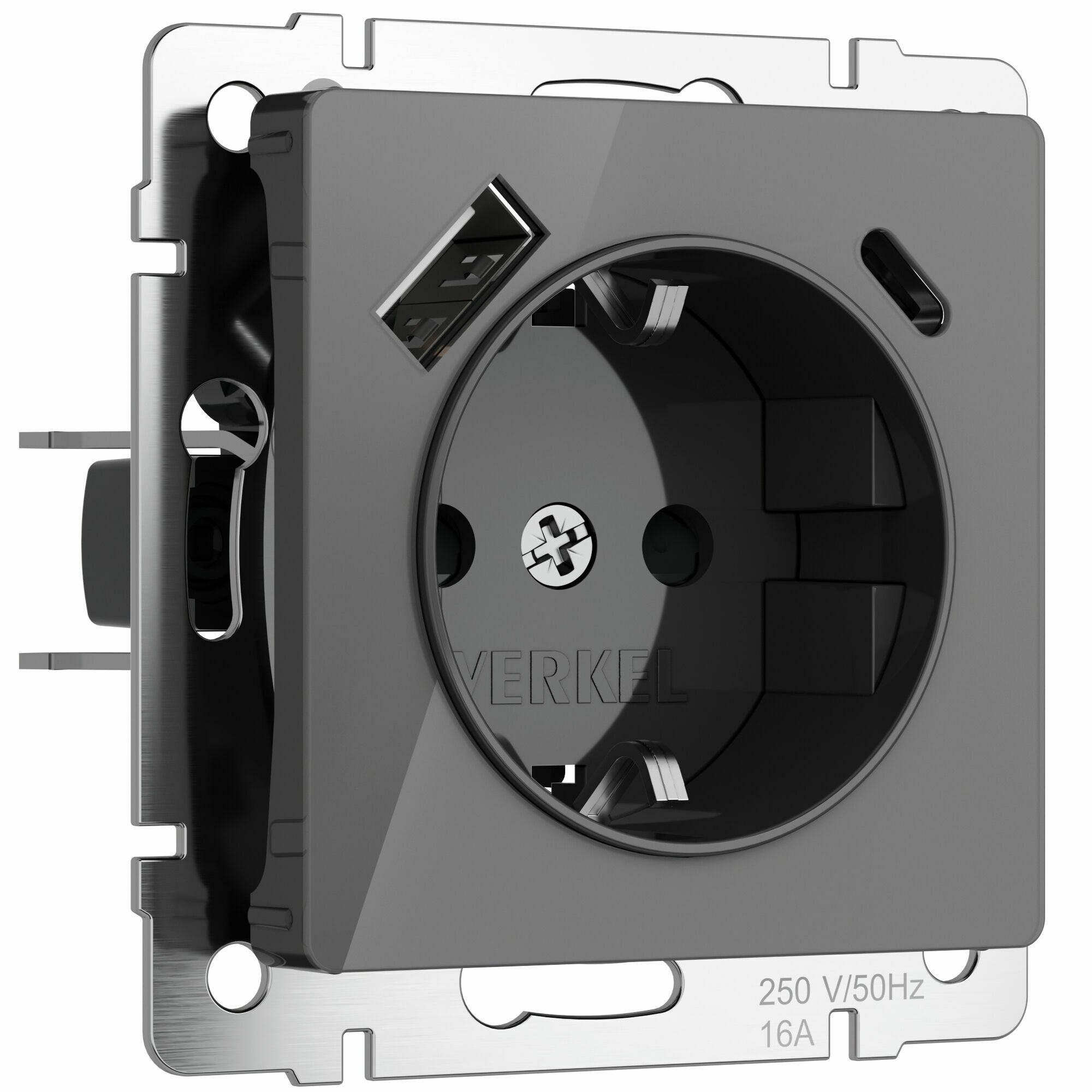 Изображение товара Розетка с заземлением, шторками и USB тип A+C (графит акрил) W1171744 Werkel