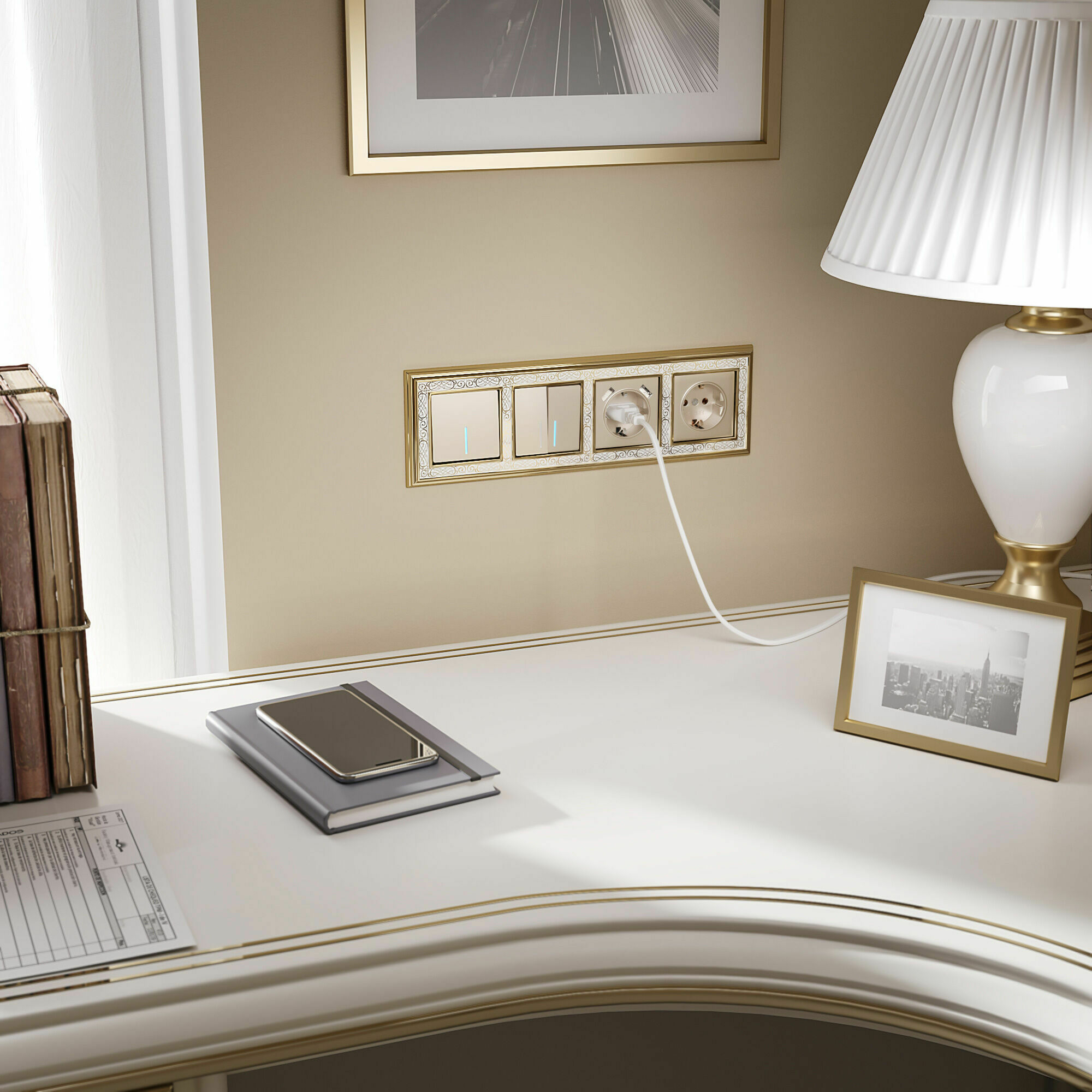 Изображение товара Выключатель  двухклавишный проходной с подсветкой (шампань) W1122111 Werkel