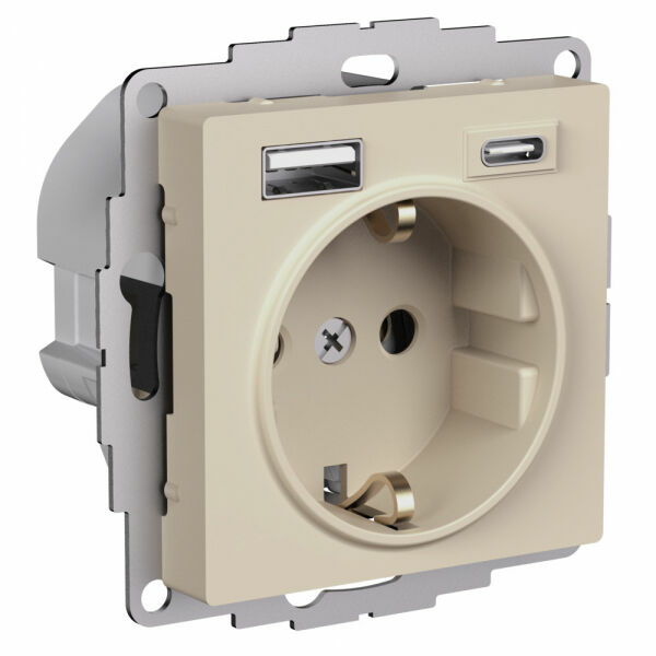 Изображение товара Розетка 16А c 2 USB A+C, 5В/2,4А/3,0А, 2х5В/1,5А, механизм, Песочный, ATN001232 Atlas Design Nature Schneider electric