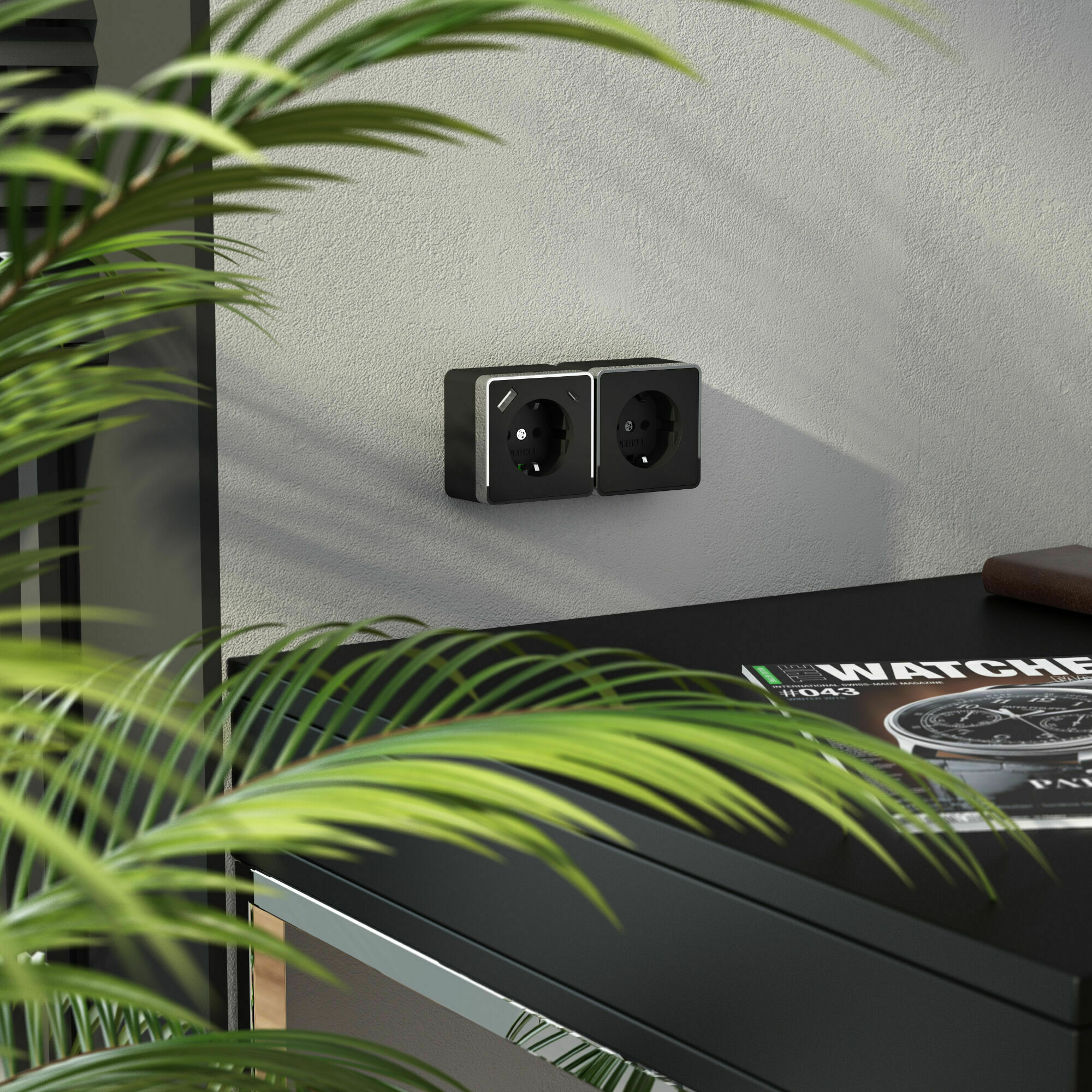 Изображение товара Розетка с заземлением, шторками и USB тип A+C (чёрный хром) W5071735 Gallant Werkel