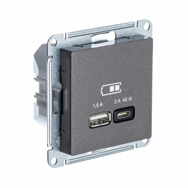 Изображение товара Розетка USB A + тип-C 45W высокоскор.заряд. QC, PD, мех.,  Мокко, ATN000629 Atlas Design Schneider electric