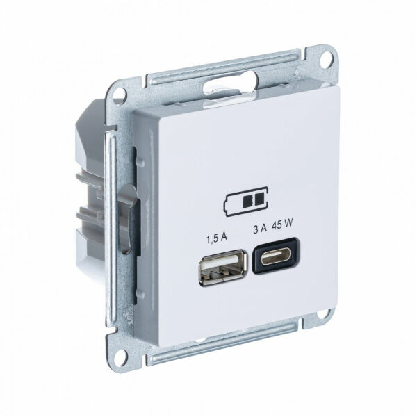 Изображение товара Розетка USB A + тип-C 45W высокоскор.заряд. QC, PD, мех., Белый, ATN000129 Atlas Design Schneider electric