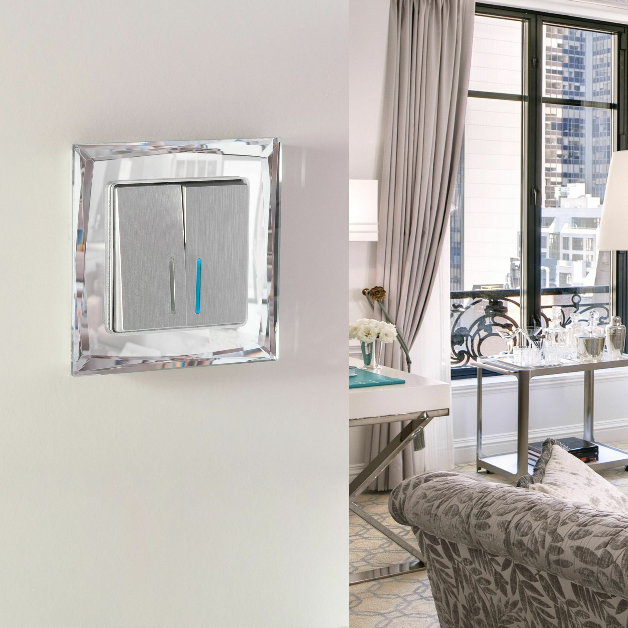 Изображение товара Выключатель двухклавишный с подсветкой (cеребряный рифленый) W1120109 Werkel