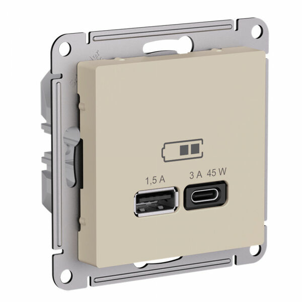 Изображение товара Розетка USB A + тип-C 45Вт высокоскор.заряд. QC,PD, механизм, Песочный, ATN001229 Atlas Design Nature Schneider electric