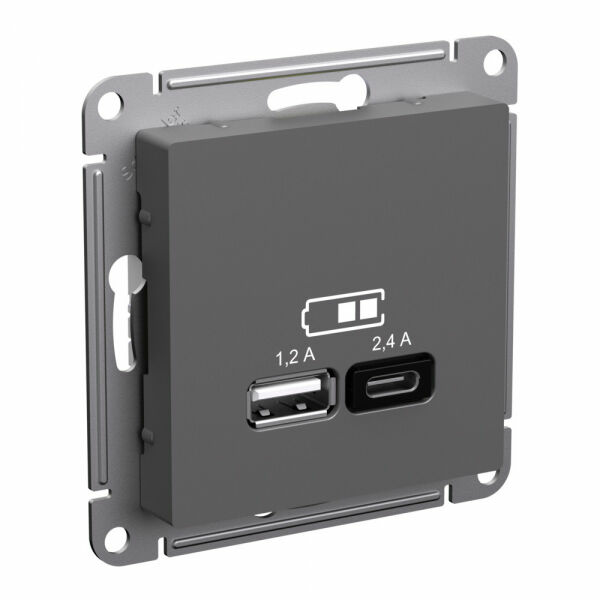 Изображение товара Розетка USB А+С, 5В/2,4 А, 2х5В/1,2 А, механизм, Базальт, ATN001439 Atlas Design Nature Schneider electric
