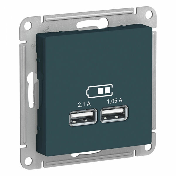 Изображение товара Розетка USB, 5В, 1 порт x 2,1 А, 2 порта х 1,05 А, механизм, Изумруд, ATN000833 Atlas Design Schneider electric