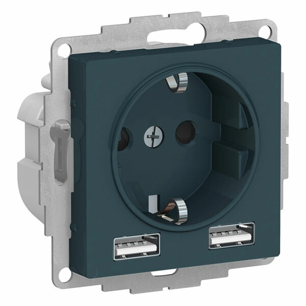 Изображение товара Розетка с USB A+A, 5В/2,4 А, 2х5В/1,2 А, механизм, Изумруд, ATN000830 Atlas Design Schneider electric