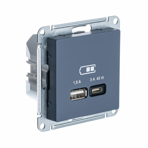 Изображение товара Розетка с USB  A + тип-C 45W высокоскор.заряд. QC,PD, мех., Грифель, ATN000729 Atlas Design Schneider electric